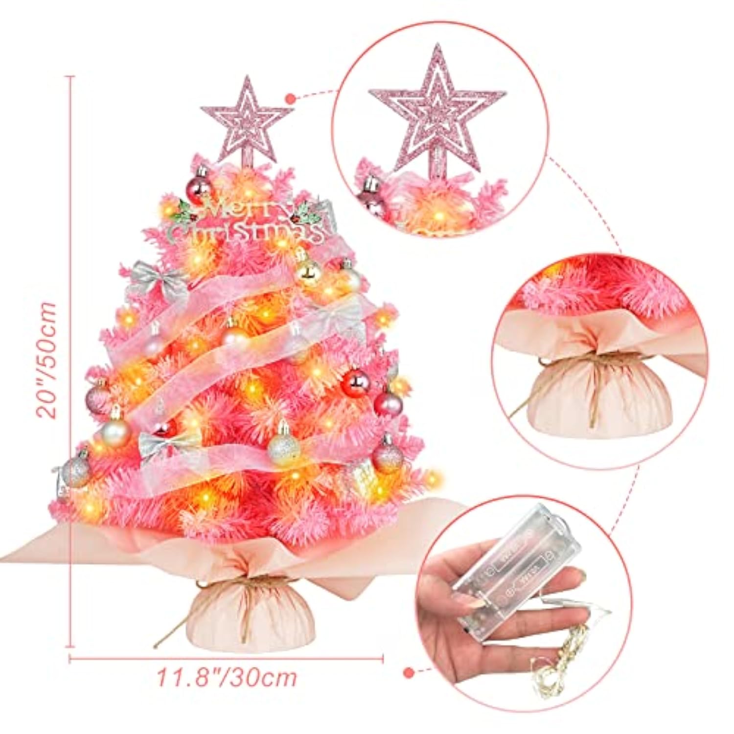 20" Mini Pink Christmas Tree, Artificial Small Christmas Tree With Lights, Tabletop Christmas Tree With Star Treetop,Bow Boxes And Ball Ornaments For Diy Christmas Decoration (Pink)