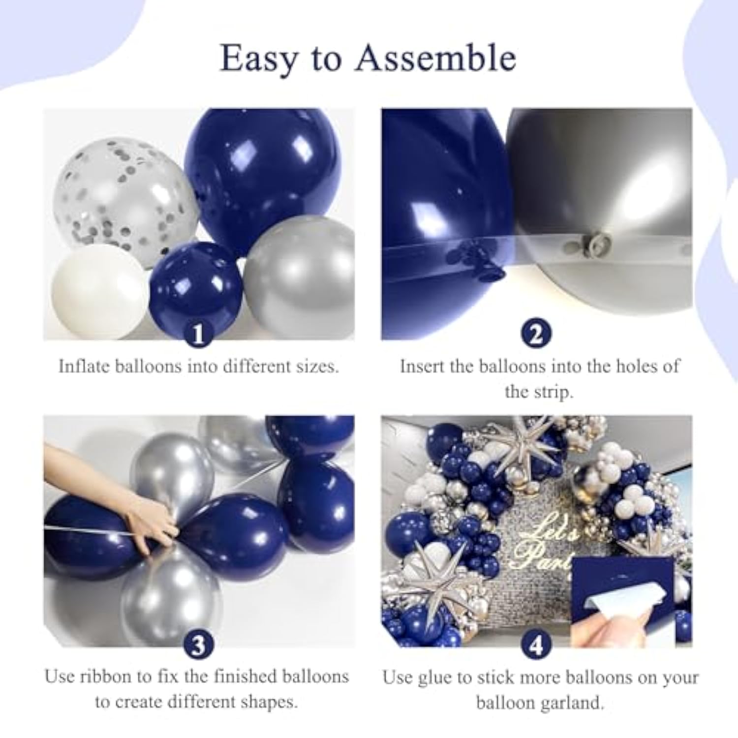 130pcs Navy Blue Silver Balloon Arch Kit with Stars for Birthday Events