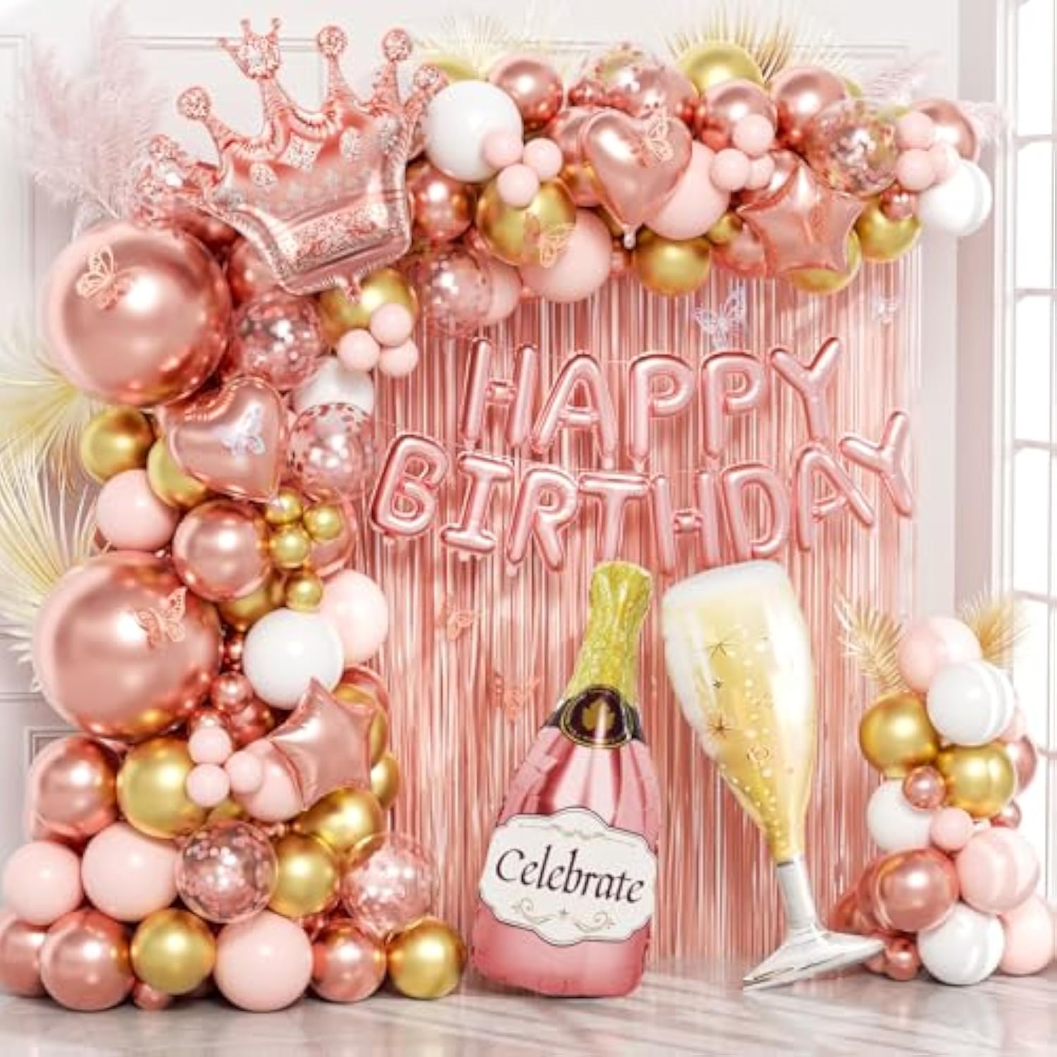 Rose Gold Birthday Decorations For Women, Happy Birthday Decorations With Fringe Curtains, Butterfly Decorations,Rose Gold Balloon Arch Kit For 16Th 21St 25 30 40 50Th Birthday Decor