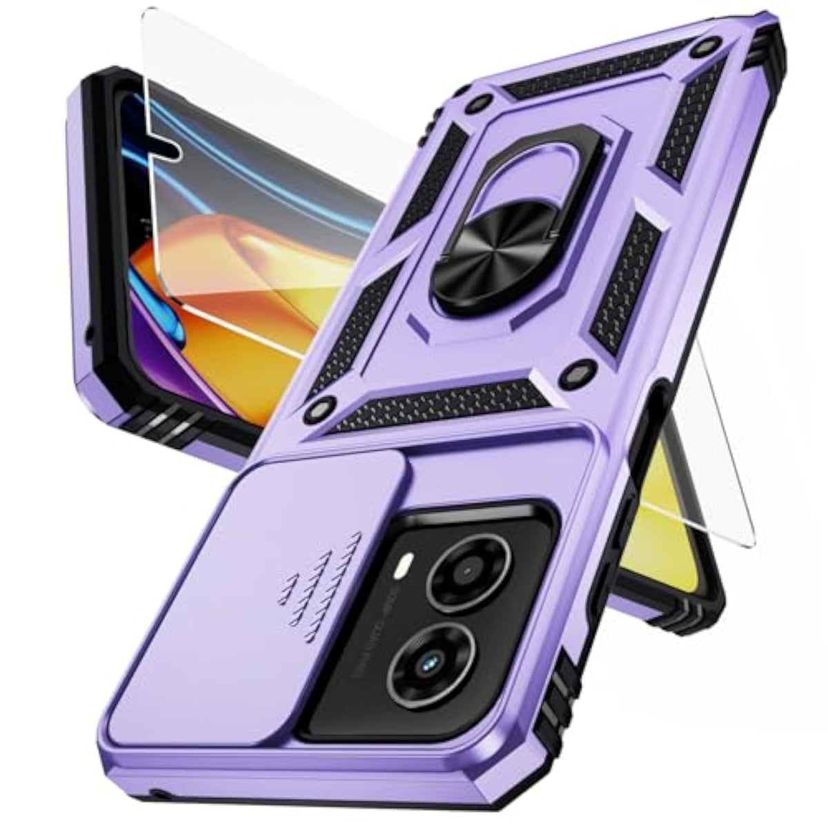 For Moto G 5G 2024 Case With Camera Lens Cover Hd Screen Protector, 10 Ft Military Grade Drop Protection, Magnetic Ring Holder Kickstand Protective Phone Case, Lavender