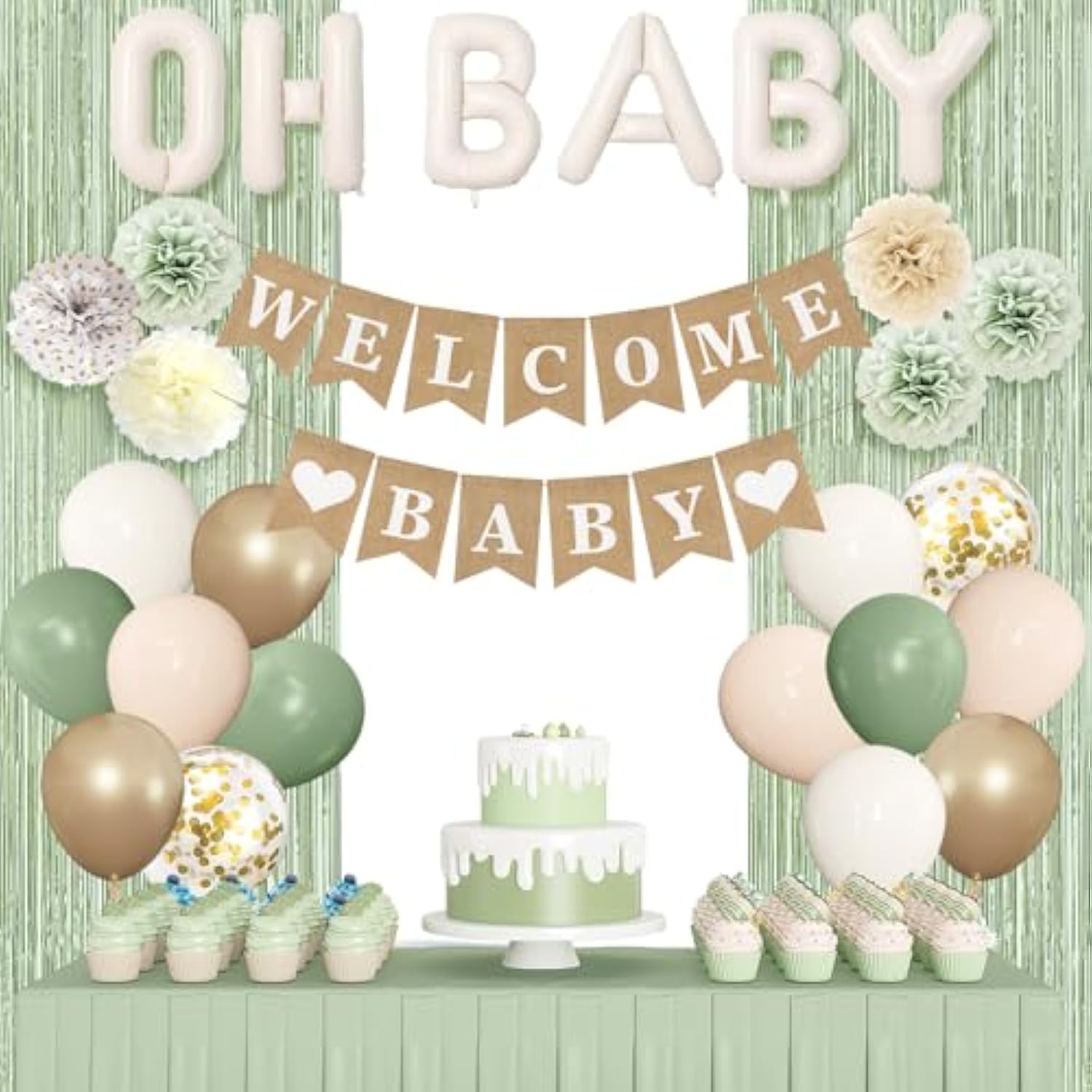 Sage Green Neutral Baby Shower Décor Set with Banner & Boho Balloons