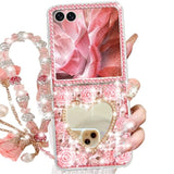 For Samsung Galaxy Z Flip 7 Glitter Bling Case, Cute 3D Sparkle Heart Makeup Mirror Crystal Rhinestones Flowers Diamond Gems With Lanyard Wrist Strap Women Girls Case For Galaxy Z Flip 7,Pink