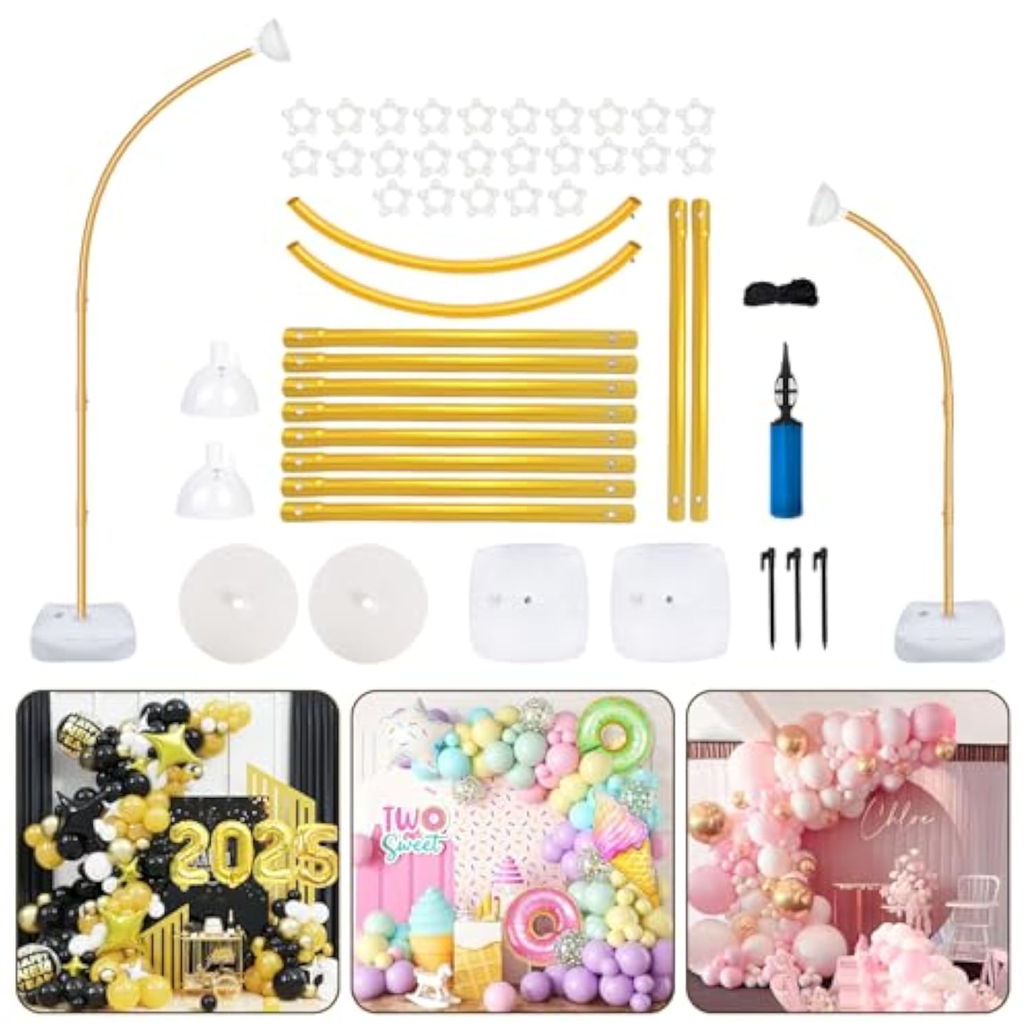 8.2Ft & 6Ft Gold Balloon Arch Kit, Free Bending Top Balloon Arch Stand With Base For Floor, Half Arch For Wedding Birthday Party Baby Shower Halloween Decorations