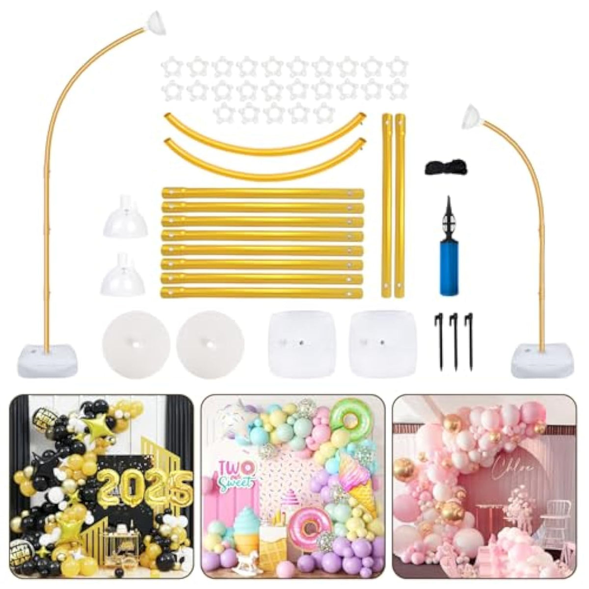 8Ft & 6Ft Gold Balloon Arch Stand, Free Bending Top Balloon Arch Kit, Half Arch Balloon Stand With Base For Floor, Balloon Column Kit For Wedding Birthday Baby Shower Graduation Party Decor