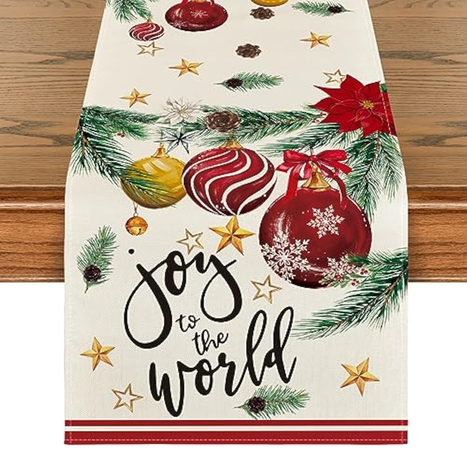 Joy To The World Xmas Balls Christmas Table Runner, Pine Cone Winter Holiday Kitchen Dining Table Decoration For Home Party Decor 13 X 72 Inch