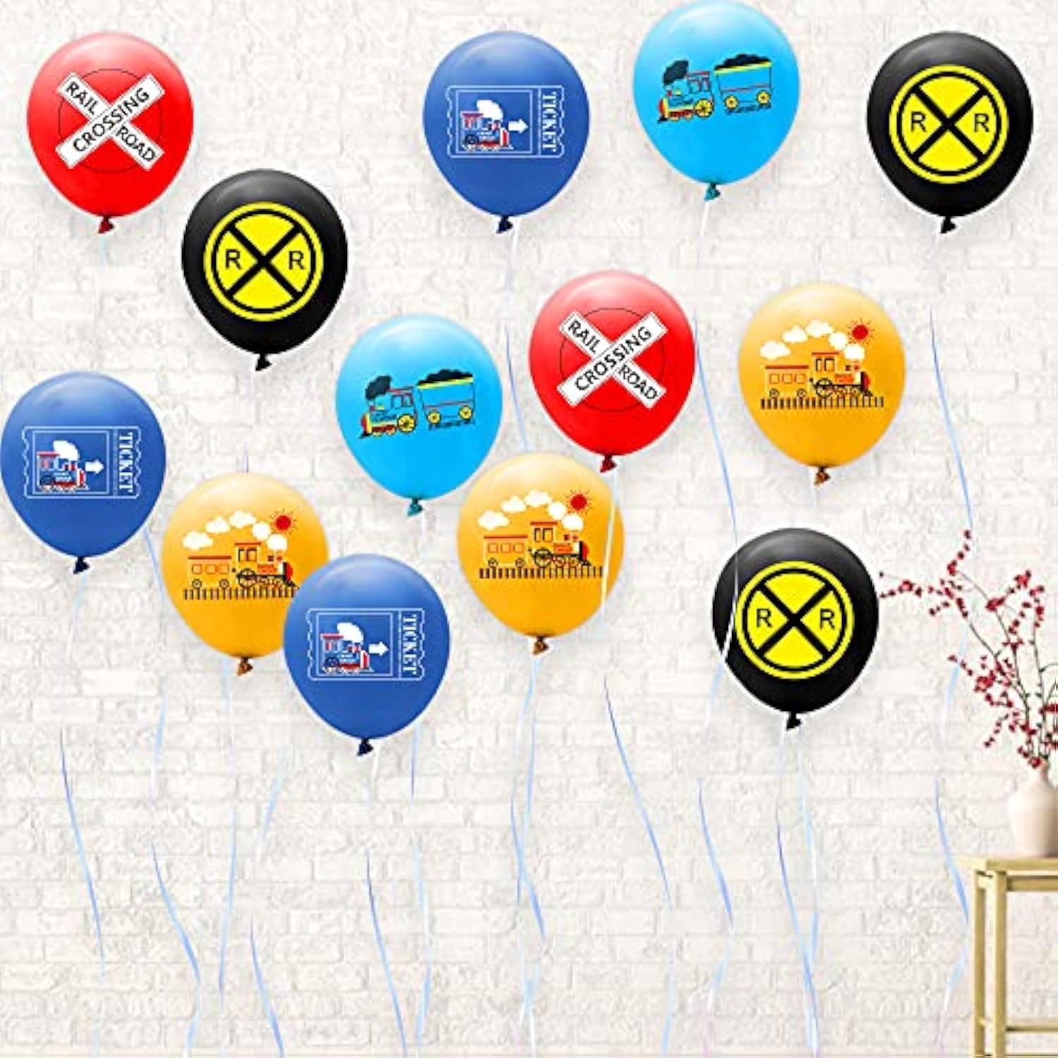 52 Pcs Railroad Crossing Train Balloons Set 12 Inches Latex Balloons Bouquet With Ribbon Railway Choo Choo Steam Train Traffic Sign Party Decorations Supplies For Kids Birthday Baby Shower