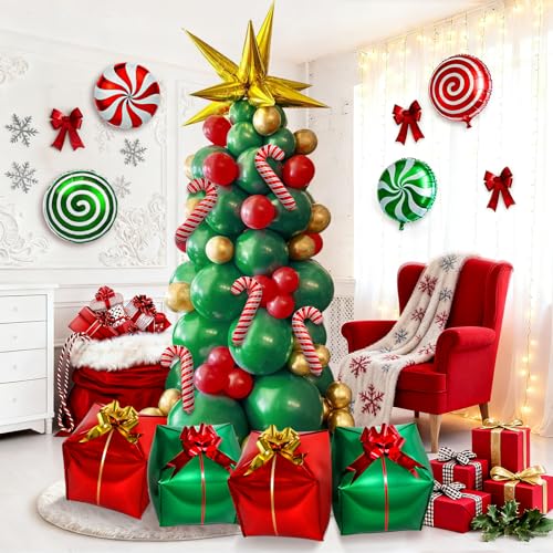 Christmas Tree Balloon Garland Arch Kit with Red Green Gold Balloons, Christmas Gold Starburst, Candy Cane Gift Box Foil Balloons for Winter Xmas Party Decorations