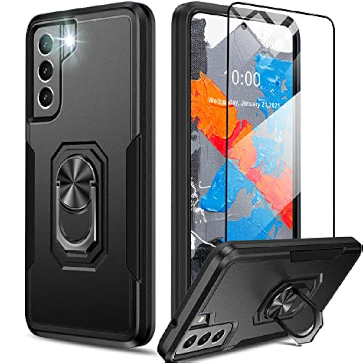 For Samsung Galaxy S21 Fe Case, Heavy Duty Grade Shockproof Case With Kickstand & Tempered Glass Screen Protector, Supports Magnetic Car Mount (Black)