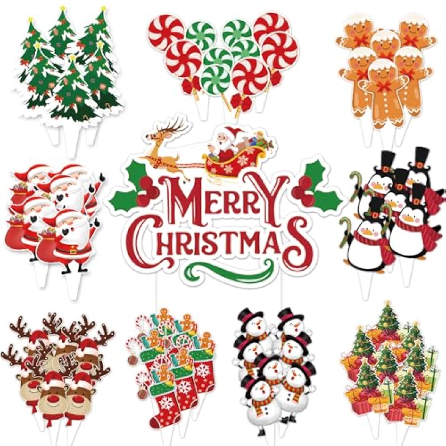 Christmas Cupcake Toppers 73Pcs Santa Claus Gingerbread Man Snowman Elk Socks Gift Cake Decorations For Merry Christmas Party Supplies