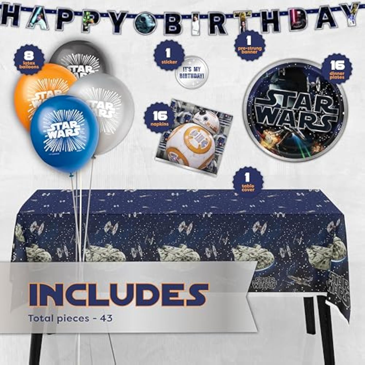 Star Wars Birthday Decorations Set | Star Wars Party Decorations | Banner, Tablecloth, 8 Balloons, 16 Plates, 16 Napkins, Sticker | Officially Licensed