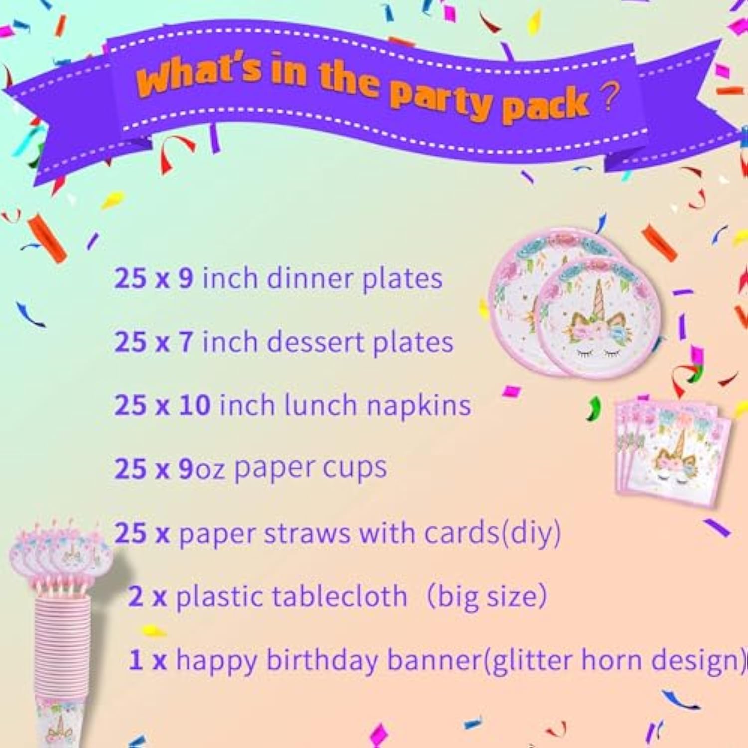 Rainbow Unicorn Party Supplies for 25 – Includes Plates, Cups, Napkins, Banner, Straws & Tablecloth