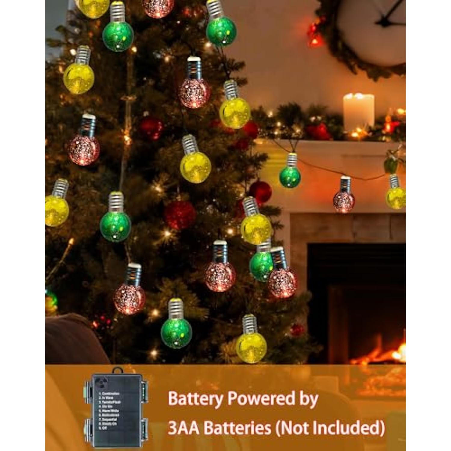 Christmas Lights Indoor Battery Operated, 16Ft Christmas Tree Ball Ornament Lights 20 Led Red Green Gold Globe String Li