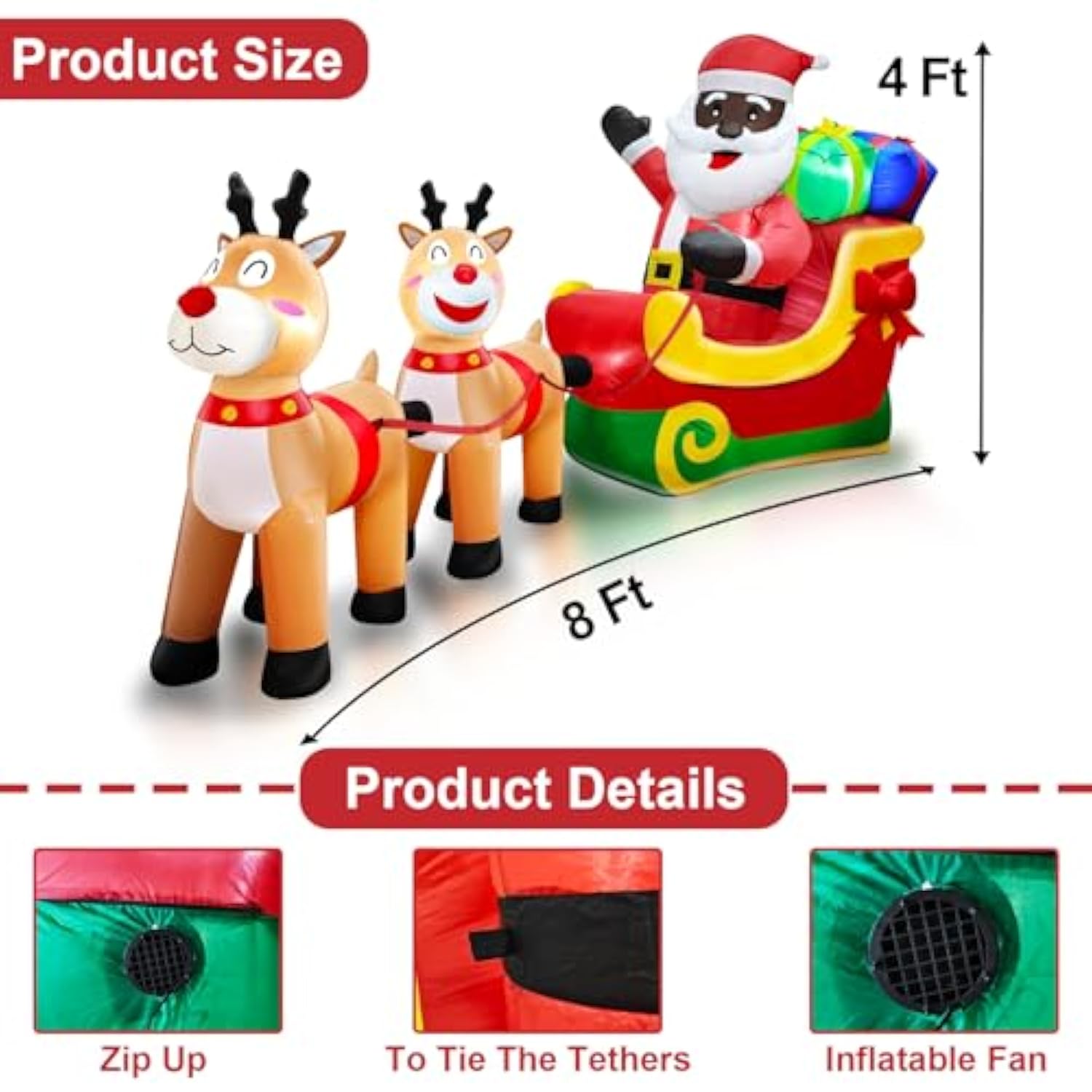 8 Ft Long Christmas Inflatables Black Santa Claus On Sleigh With Reindeer & Gift Boxes Xmas Blow Up Built-In Led Lights