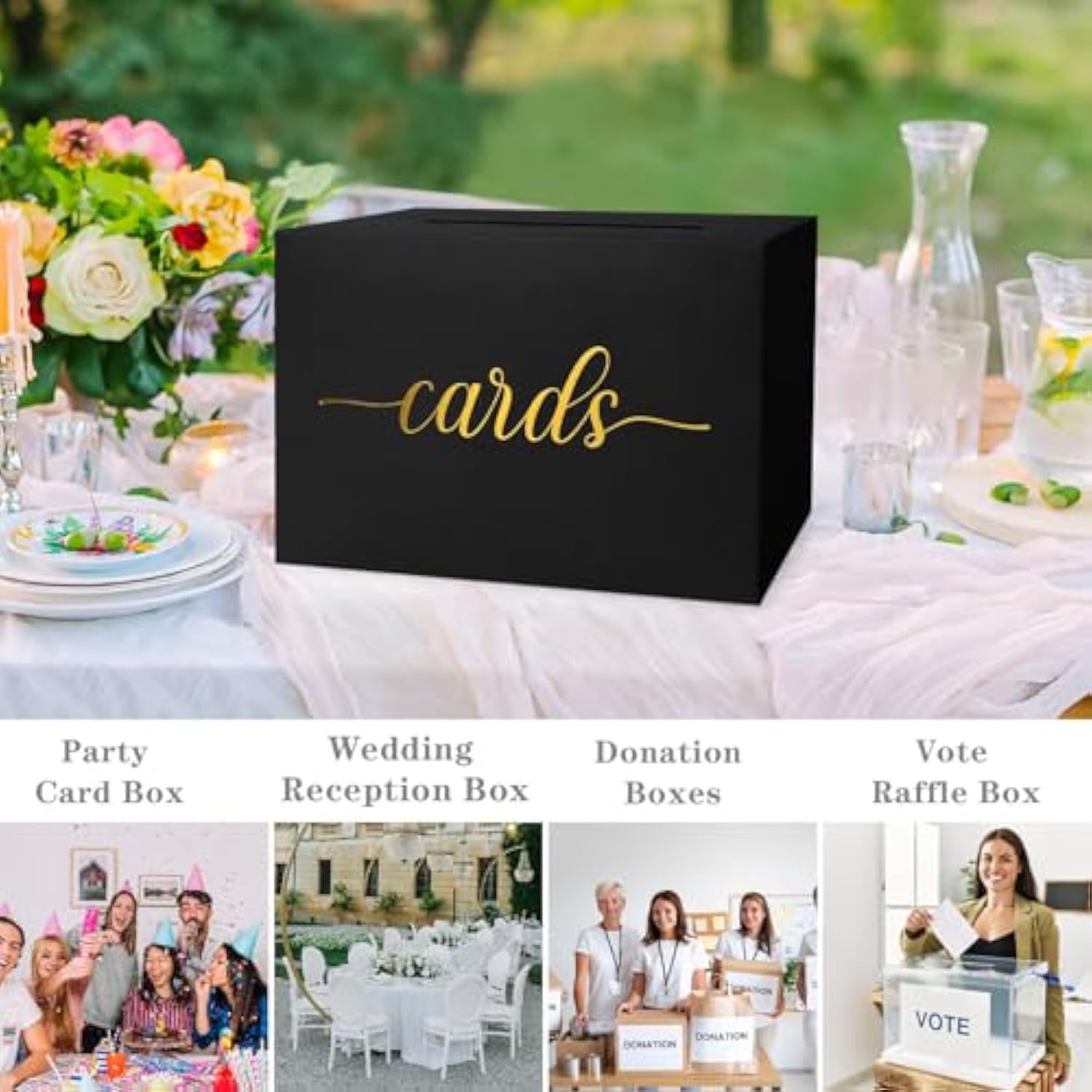 Black Card Box For Party, Gift Cards Box Holder With Gold Foil Design For Wedding Receptions, Bridal & Baby Showers, Graduations, Voting, Donate Money, Retirements, Anniversaries