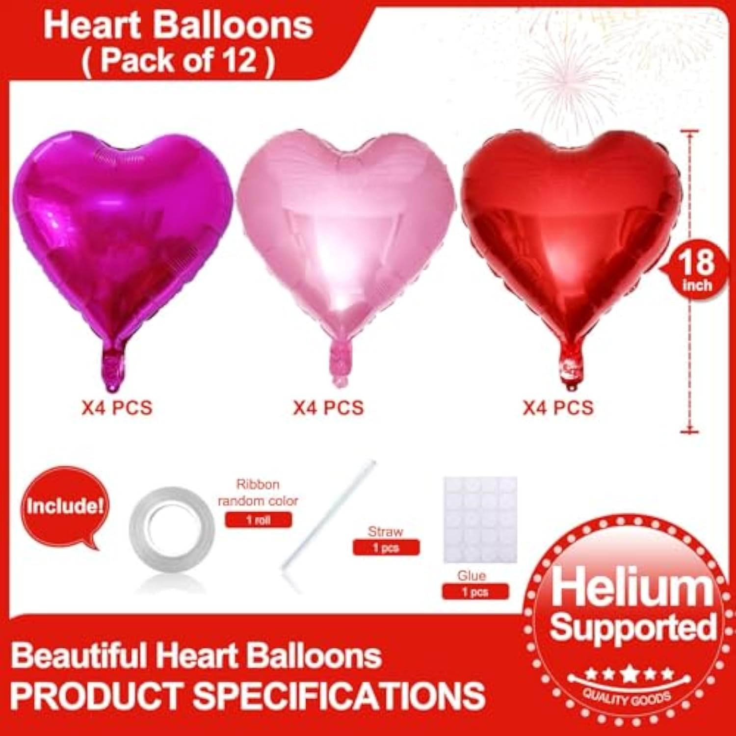 12 Pcs Red Heart Shape Foil Mylar Balloons 18 Inch Love Balloons For Valentine'S Day Birthday Party Decorations Wedding Engagement Romantic Decor (Red & Pearl Pink & Hot Pink)