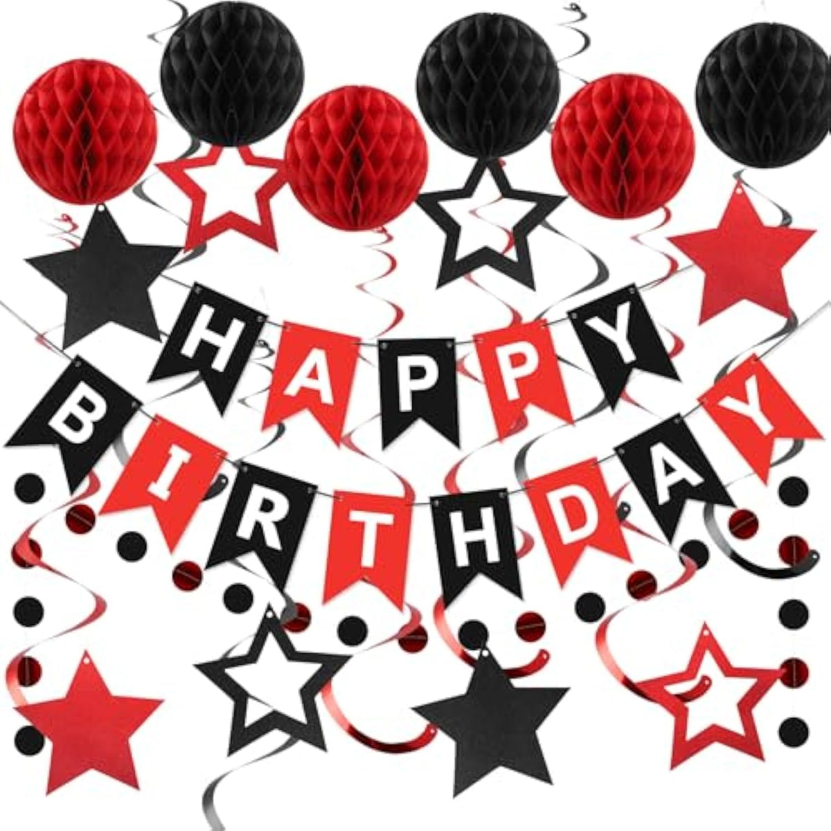 Birthday Decorations, Happy Birthday Banner With Honeycomb Balls, Star Hanging Swirl Streamers, Circle Dots Garland, Happy Birthday Party Decorations For Women Men Boys Girls (Red & Black)