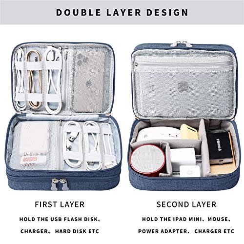 Travel Cable Organizer Bag, Electronic Accessories Case Portable Double Layer Cable Storage Bag For Cord,Phone,Charger, Flash Drive, Phone, Sd Card,Personal Items - (Dark Blue)