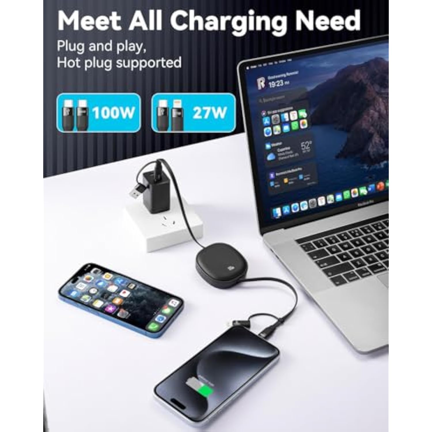 5 In 1 Retractable Usb Type C Cable 100W, Multi Fast Charging Cable 5A Charging Cord Usbc Cable With Usb C/A To Lightning/C Travel Charger For Iphone 16 15 Series,Macbook,Ipad,Samsung S24/S23+(3.86Ft)