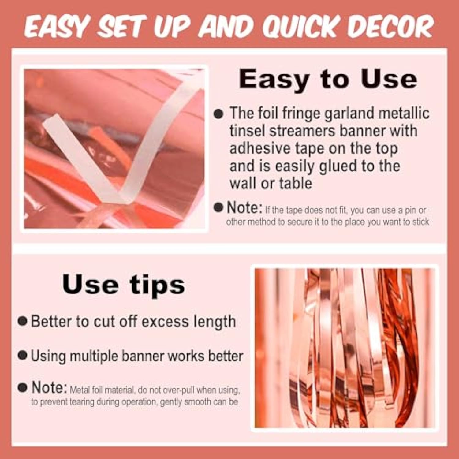 4 Pack 10 Ft Rose Gold Foil Fringe Garland Metallic Streamers Tinsel Banner Wall Hanging Garland Backdrop For Parade Floats, Halloween, Christmas, Thanksgiving, New Year Party Decorations