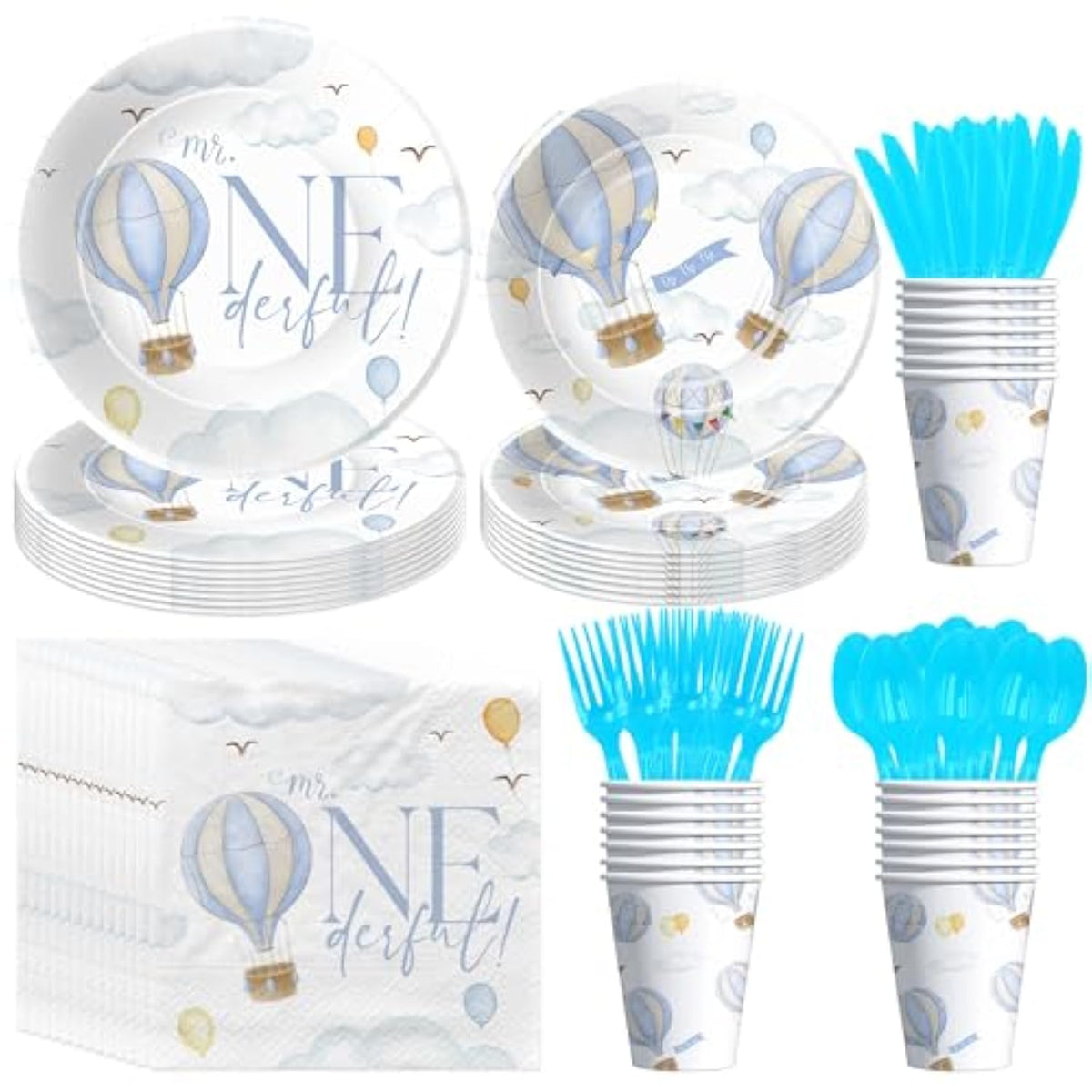 Hot Air Balloon 1St Birthday Party Supplies Boy, Mr Onederful Birthday Decorations, Plate, Napkin, Cup, Cutlery, Blue Hot Air Balloon First Birthday Party Decorations For 24 Guests