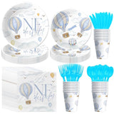 Hot Air Balloon 1St Birthday Party Supplies Boy, Mr Onederful Birthday Decorations, Plate, Napkin, Cup, Cutlery, Blue Hot Air Balloon First Birthday Party Decorations For 24 Guests