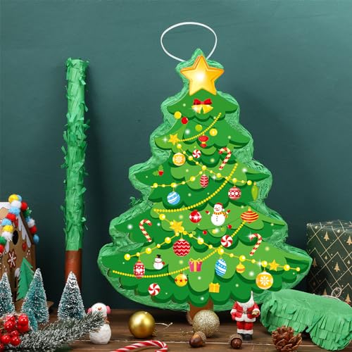 Christmas Tree Piñata 16 Inch Christmas Mexican Piñata with Stick Blindfold Xmas Piñatas Bundle for Xmas Birthday Holiday Game Favors Photo Prop Decoration
