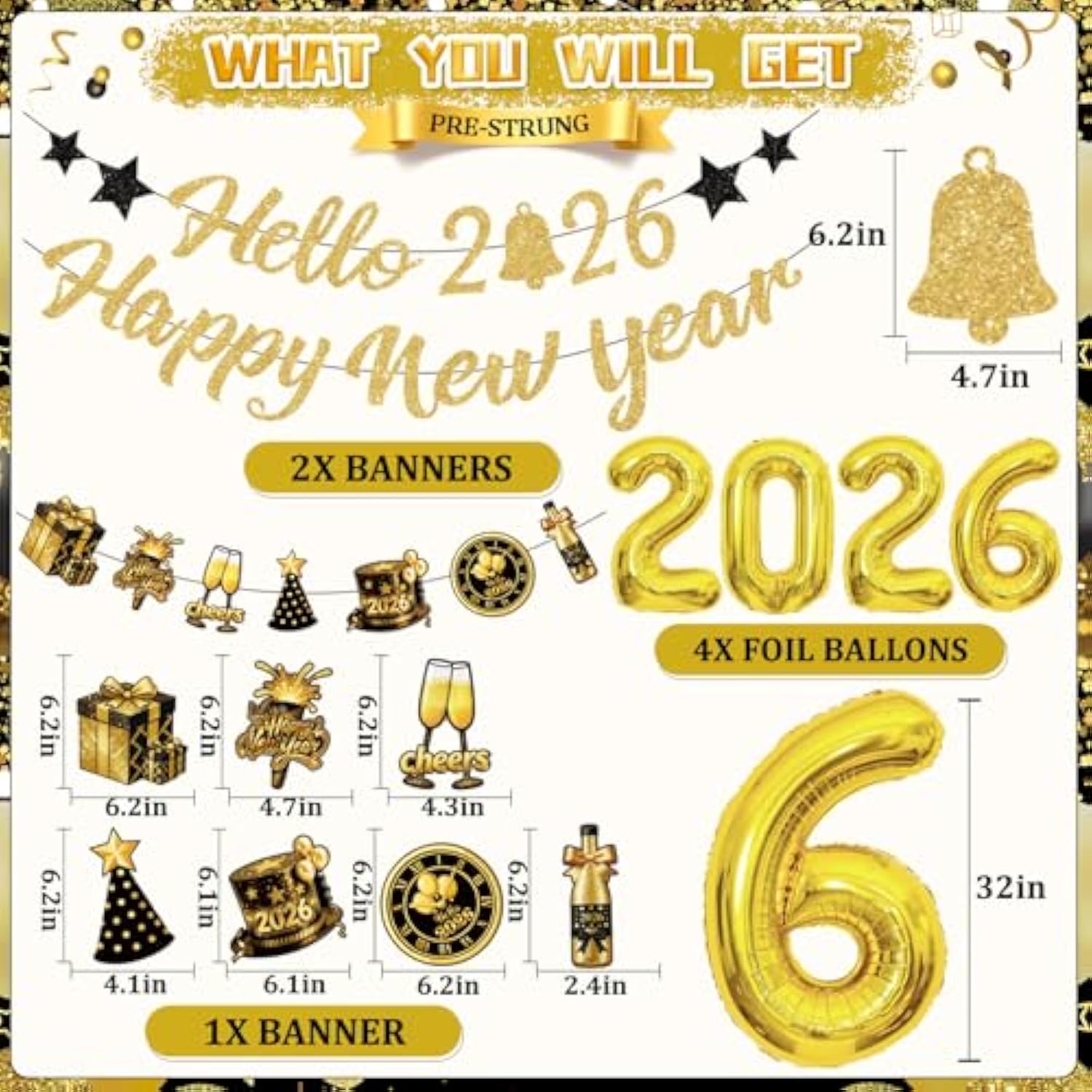 Pre-Strung Hello 2026 Happy New Year Banner with Gold Balloons Party Decor