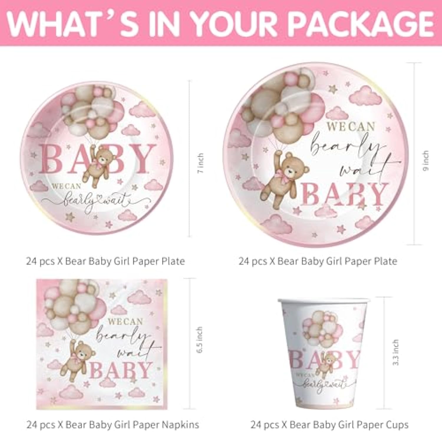 Pink Bear Baby Shower Decorations Girl, Teddy Bear Theme We Can Bearly Wait Baby Shower Decorations Party Supplies, Paper Plate, Napkin, Cup, Banner, Tablecloth, Swirls, Cutlery, Serves 24