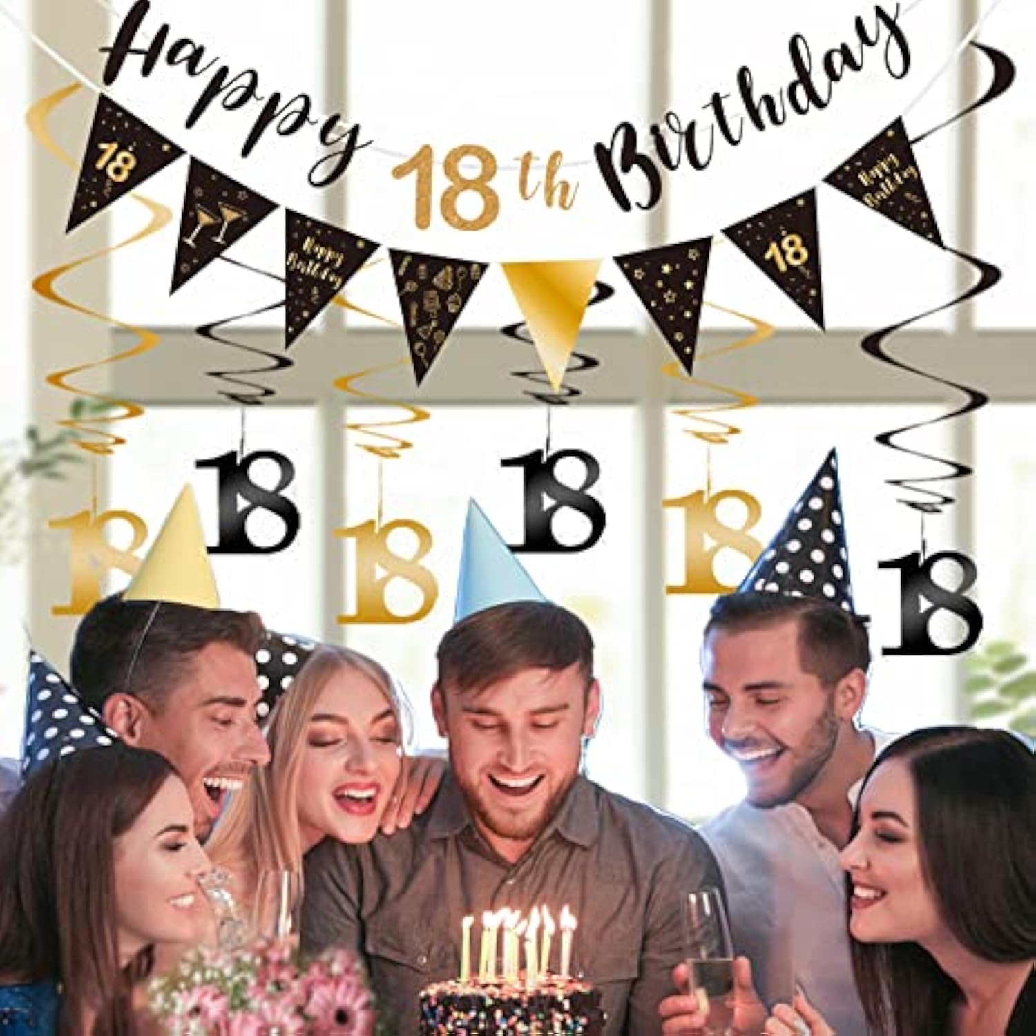 18th birthday kit with black-gold banner, bunting, swirls, and triangle flags