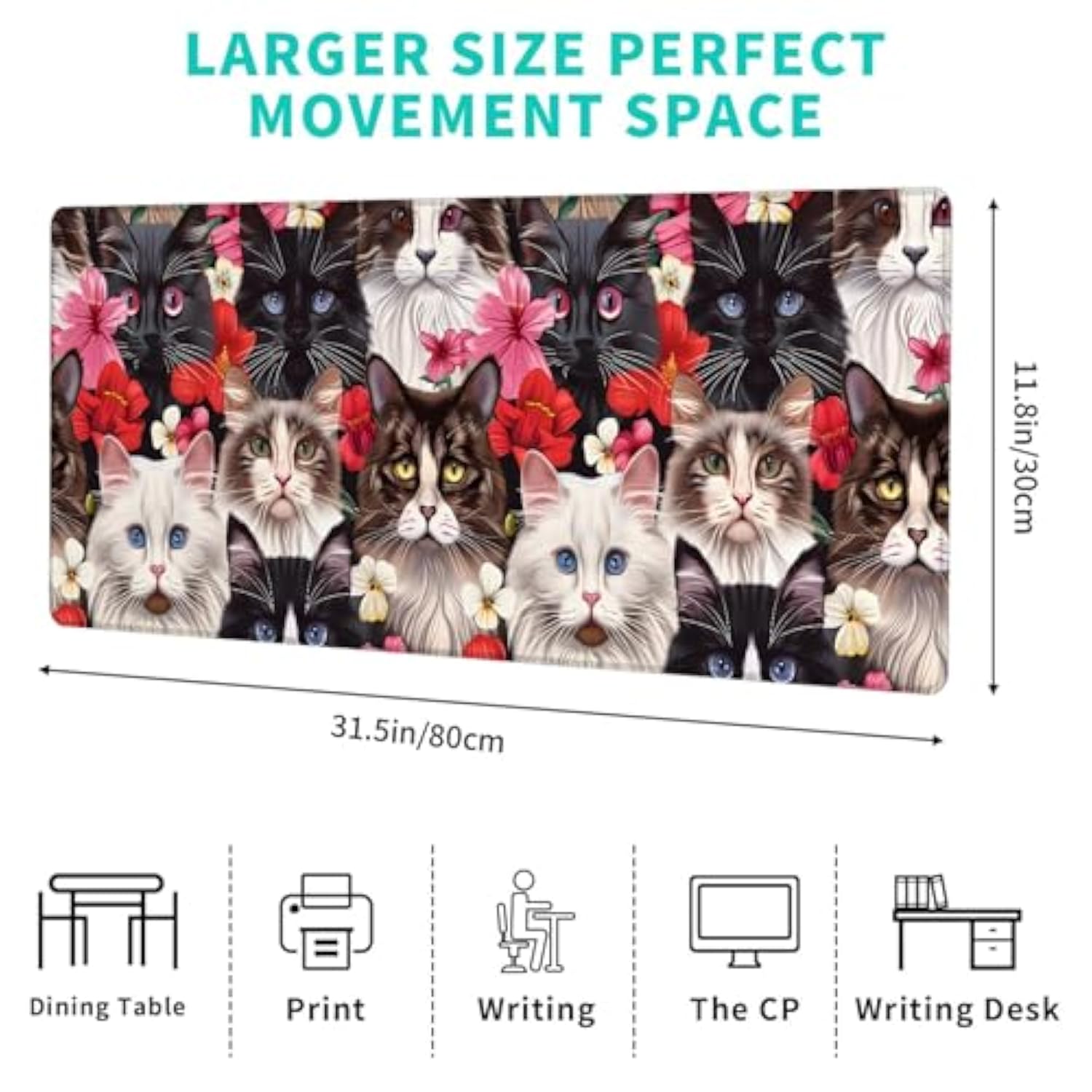 Cute Cat Gaming Mouse Pad,12X31.5In Non-Slip Rubber Pet Desk Mat,Large Extended Mousepad For Office Home Laptop,Mice Pads Gifts,Game Lover Deskmat Decor (Floral Kitten)