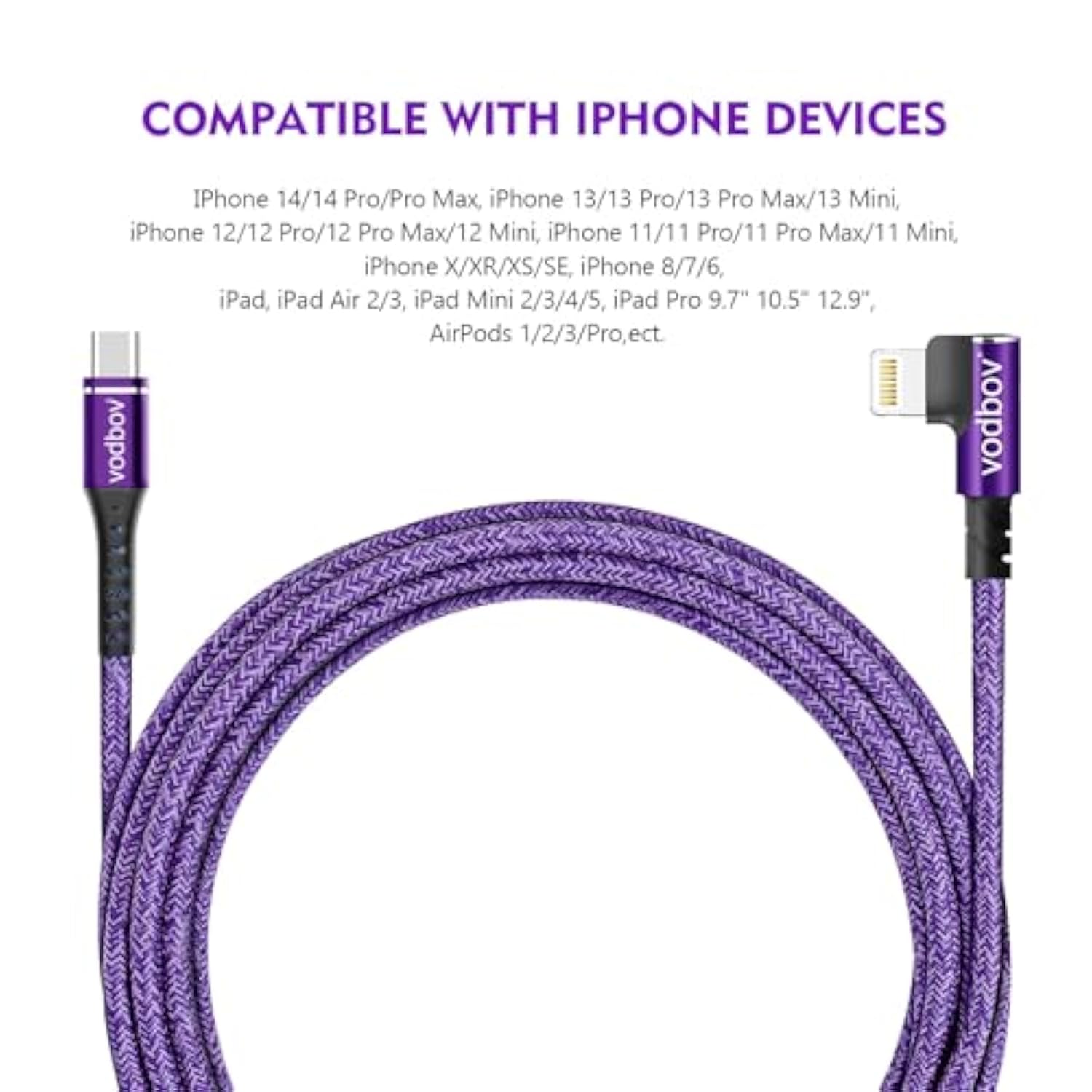 Usb-C To Lightning Braided Cable Iphone Charger Fast Charging Cord Right Angle 2Pack 10Ft 6Ft 90 Degree Mfi Certified Cable Xr Sage (Purple)