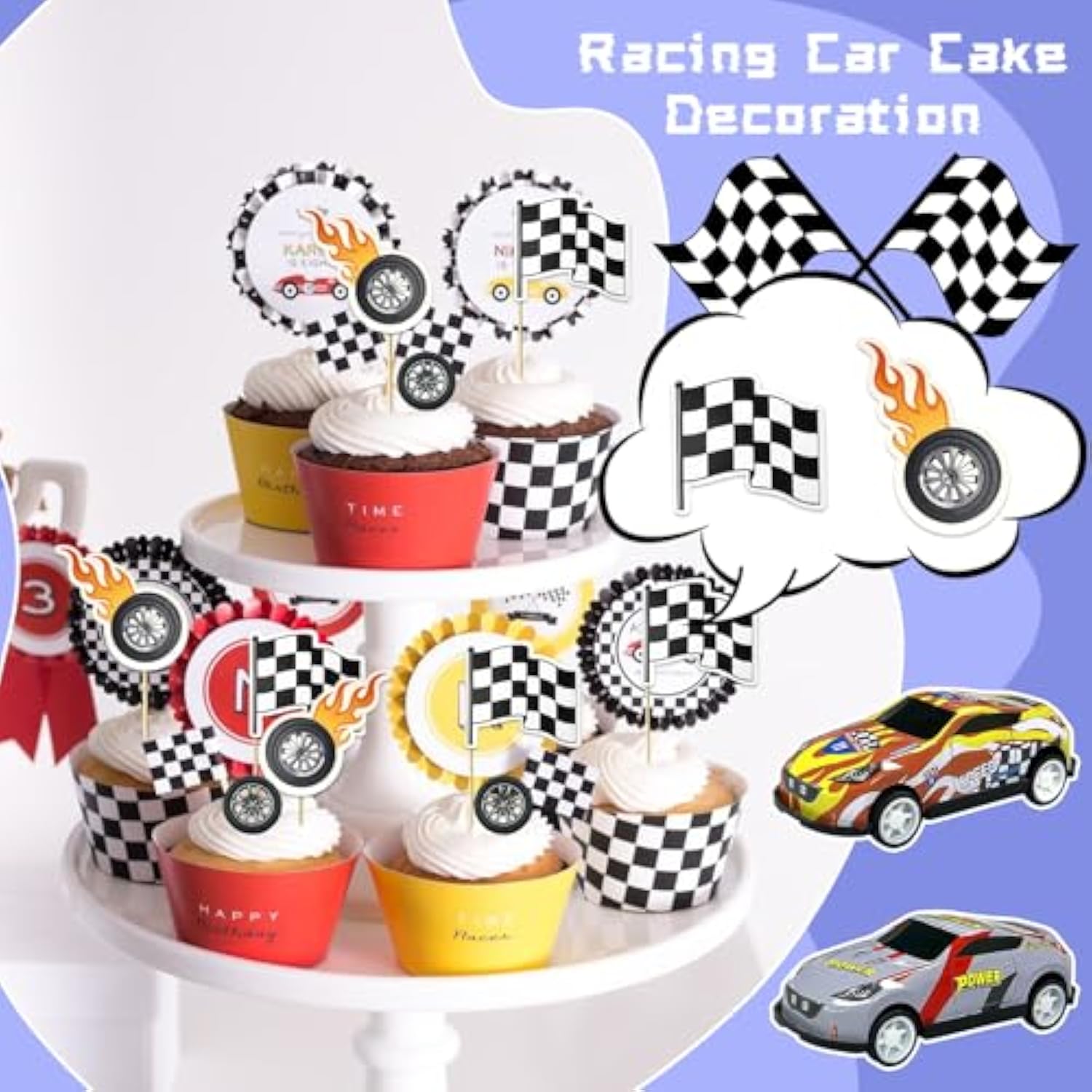 Race Car Birthday Cake Decoration 24Pcs Racing Car Cake Toppers Checkered Flag Cars Cake Cupcake Decorations For Man Boy Kid Racing Cars Theme Birthday Supplies Party Favors
