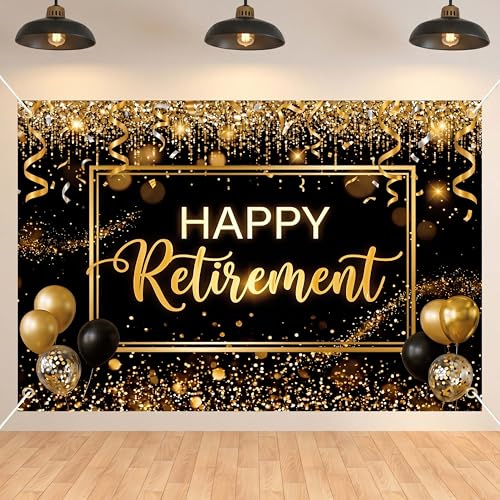 Happy Retirement Backdrop 59x39in Black Gold Party Banner