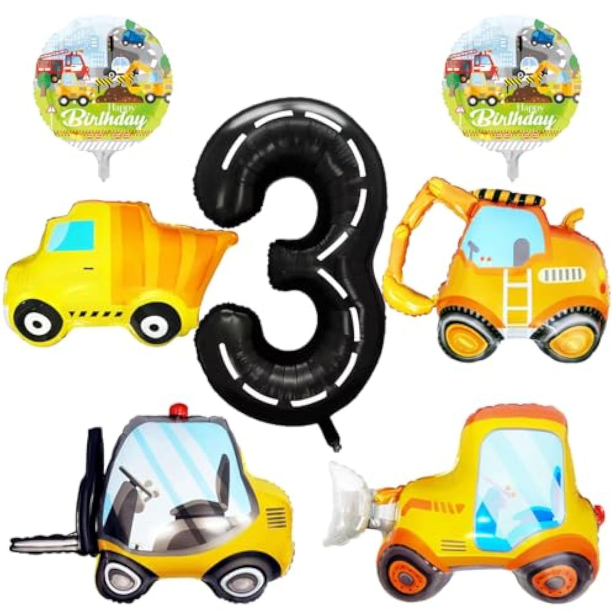 7 Pcs Construction Balloons 40" Number 3 Excavator Truck Bulldozer Birthday Decor