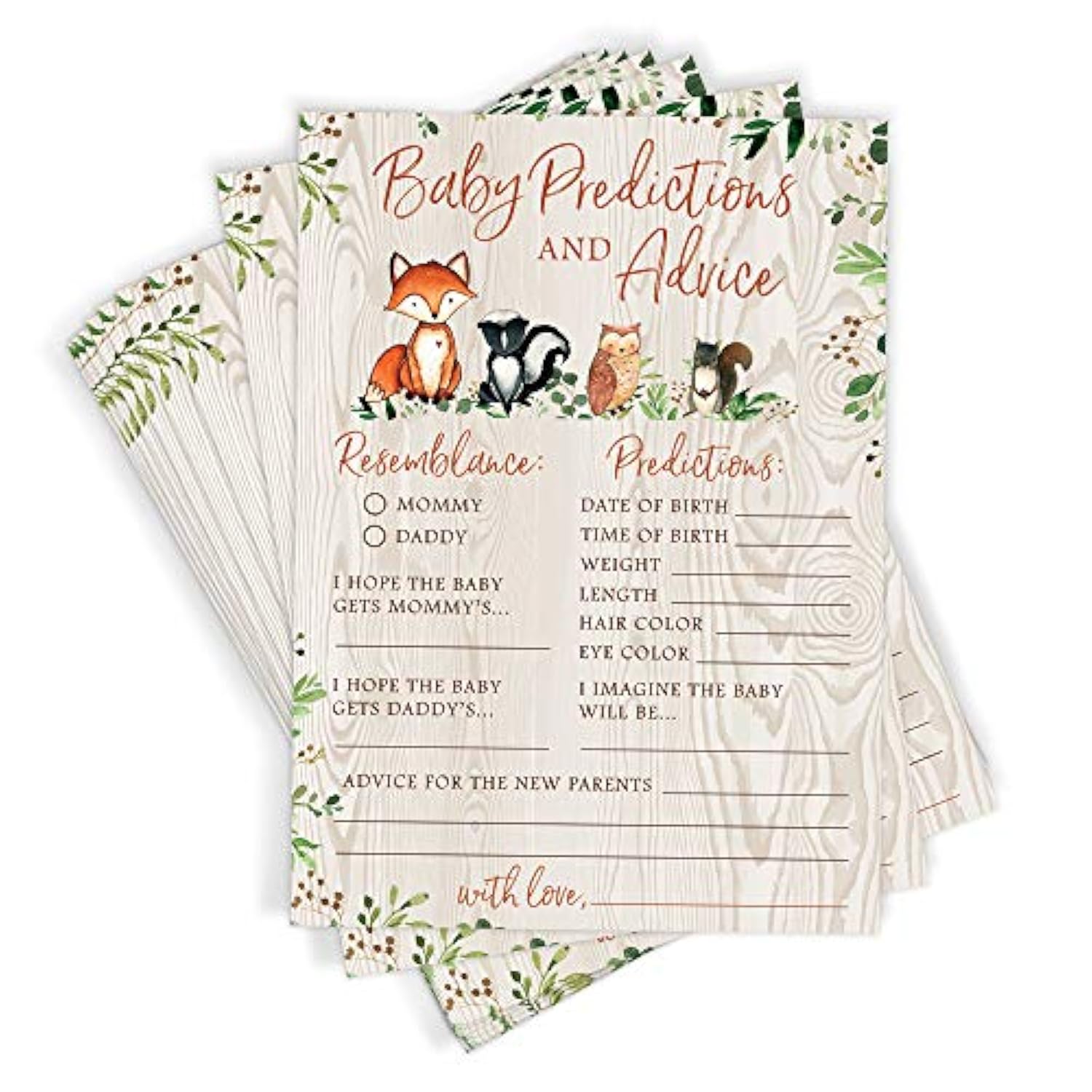 Baby Predictions & Advice For New Parents – Woodland Baby Shower Activity By , Set Of 50 Cards, Gender Neutral Forest Animals Theme