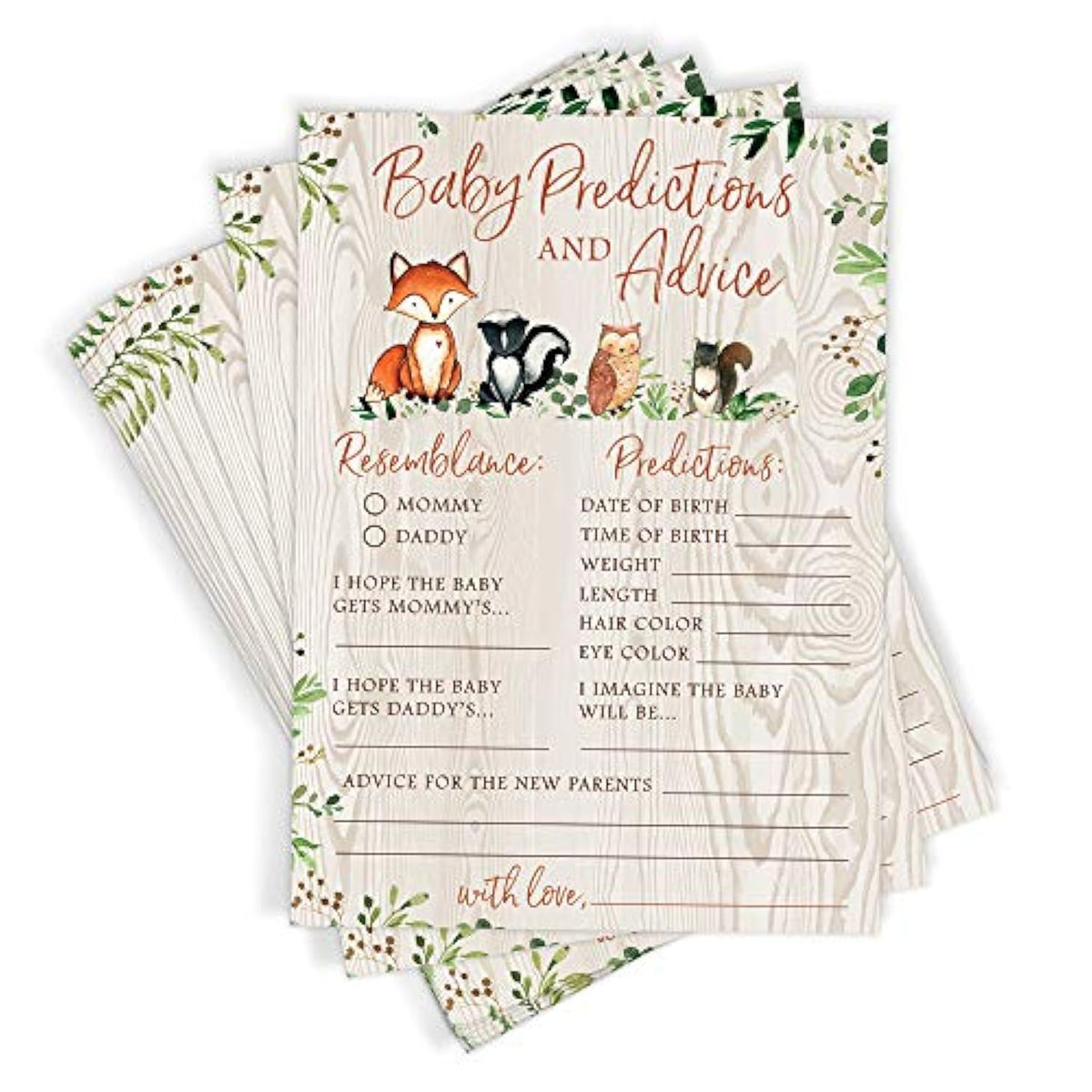 Baby Predictions & Advice For New Parents – Woodland Baby Shower Activity By , Set Of 50 Cards, Gender Neutral Forest Animals Theme