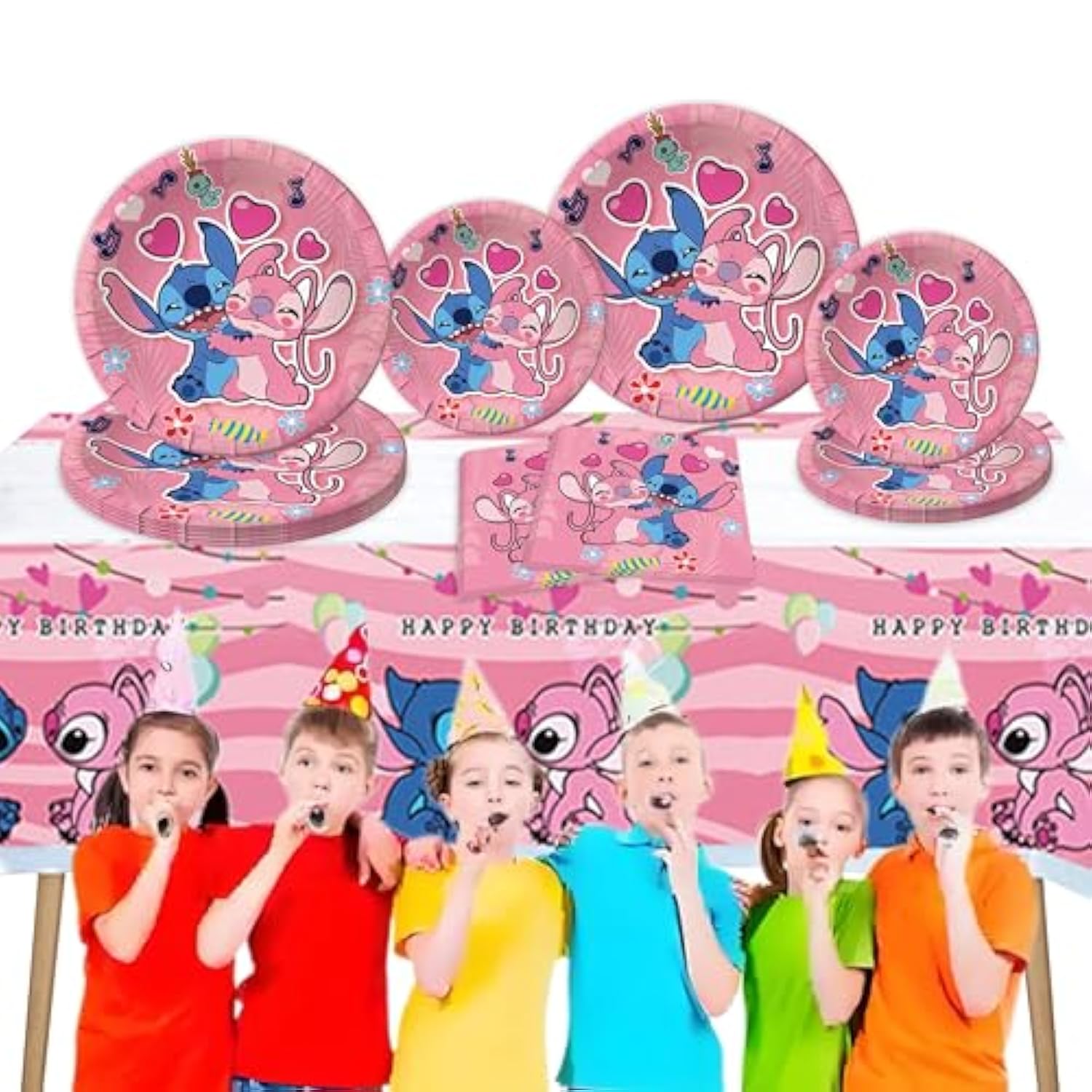 41Pcs Pink Stitch Party Set – 20 Plates, 20 Napkins & 1 Tablecover. Perfect For Stitch-Themed Birthdays! Features Cute Pink Stitch Prints, Durable Plates, And Easy Cleanup. Ideal For Kids’ Parties!