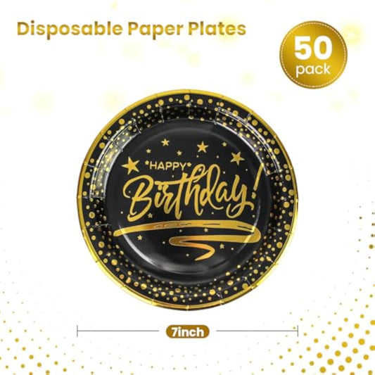 50Pcs Happy Birthday Paper Plates With Gold Trim 7Inch, Disposable Black Gold Dessert Paper Plates Dinner Plates Cake Plate Party Supplies For Birthday Party Decorations
