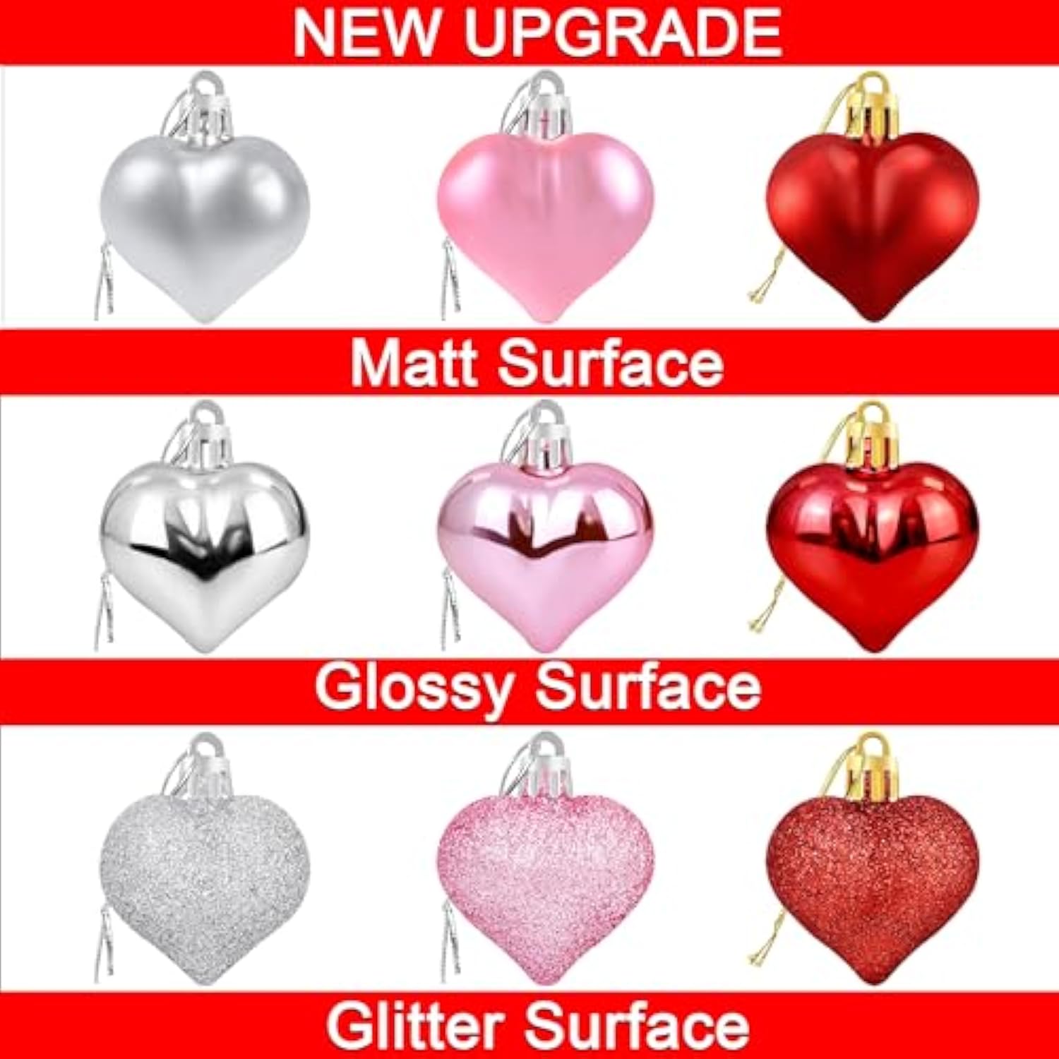 36Pcs Valentines Heart Shaped Ornaments - Valentines Heart Decorations - Red Pink Silver Glitter Heart Shaped Baubles - Romantic Christmas Valentines Tree Hanging Decorations