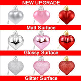 36Pcs Valentines Heart Shaped Ornaments - Valentines Heart Decorations - Red Pink Silver Glitter Heart Shaped Baubles - Romantic Christmas Valentines Tree Hanging Decorations