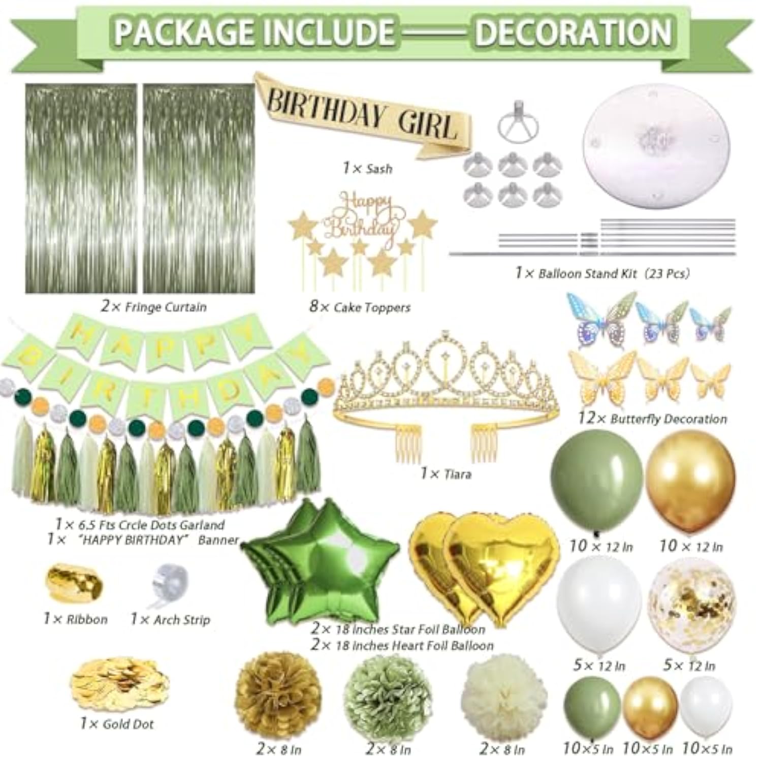 222 Pcs Sage Green Happy Birthday Decorations, Birthday Decorations For Women Or Girl Kit- Disposable Dinnerware Set With 25 Guest, Balloons, Sash, Tiara, Banner, Paper Pom Poms