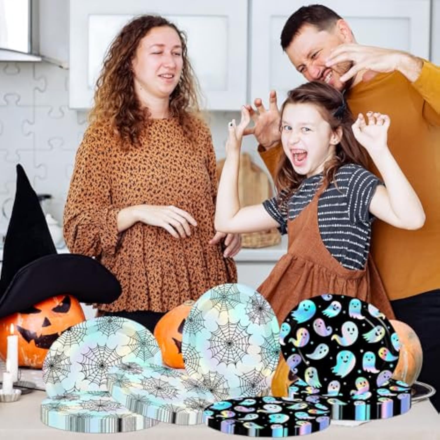 Halloween Plates 50pcs Iridescent Black Silver Ghost Spider Web Party Supplies Decorations