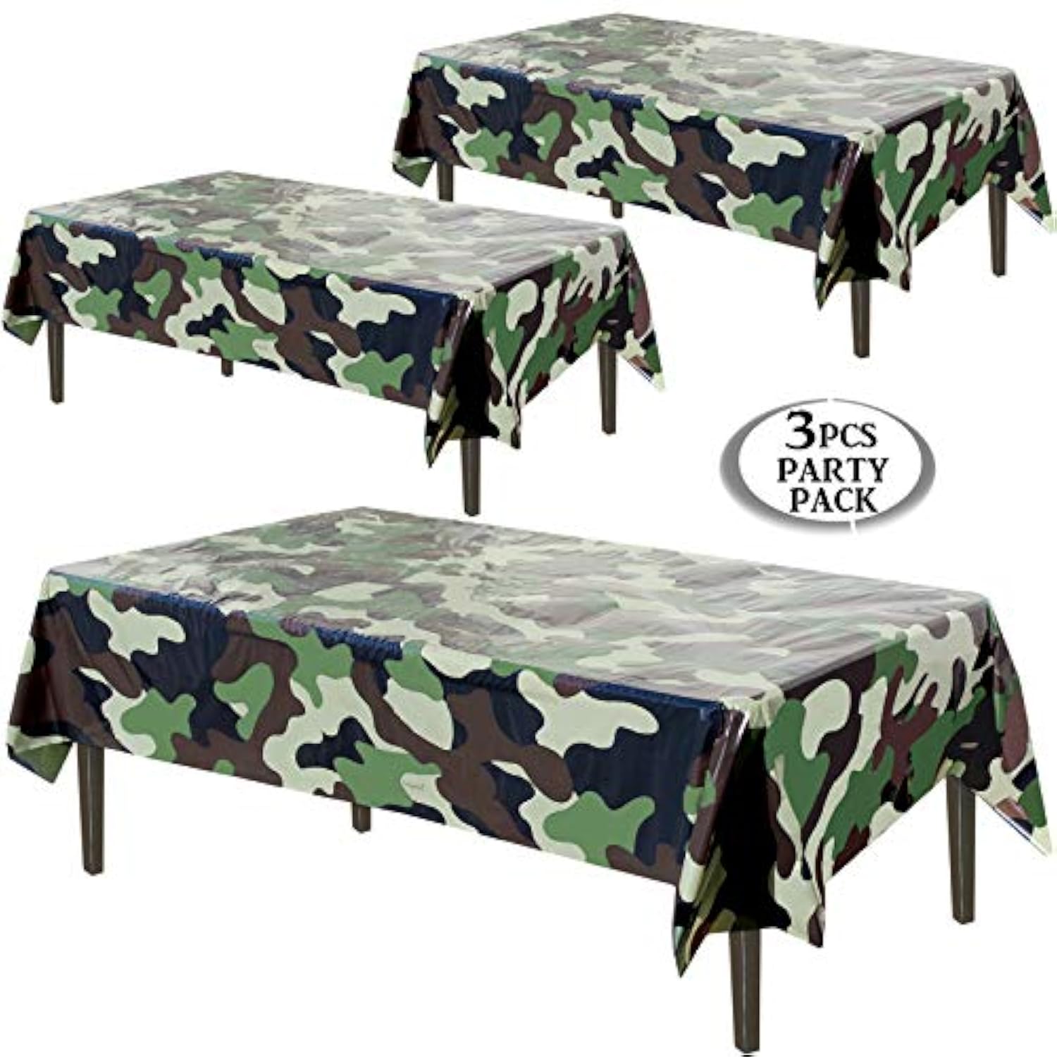 3-Pack Army Camo Plastic Tablecloths – 54" x 102" Military Party Covers for Tables & Decor