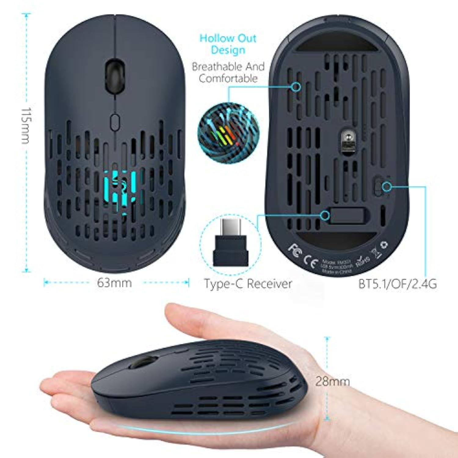Bluetooth Wireless Mouse, Dual Mode Rechargeable Silent Computer Mice With 2.4