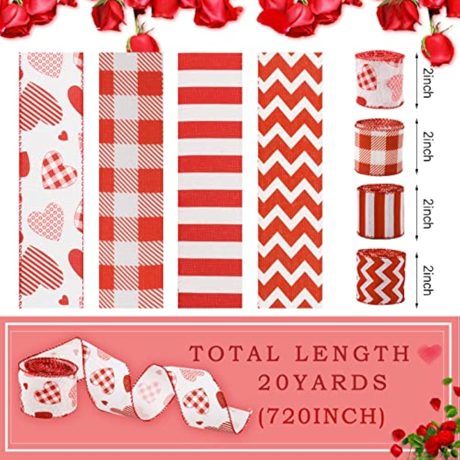 4 Rolls Valentine’S Day Wired Ribbon Plaid Heart Stripe Crease Ribbon