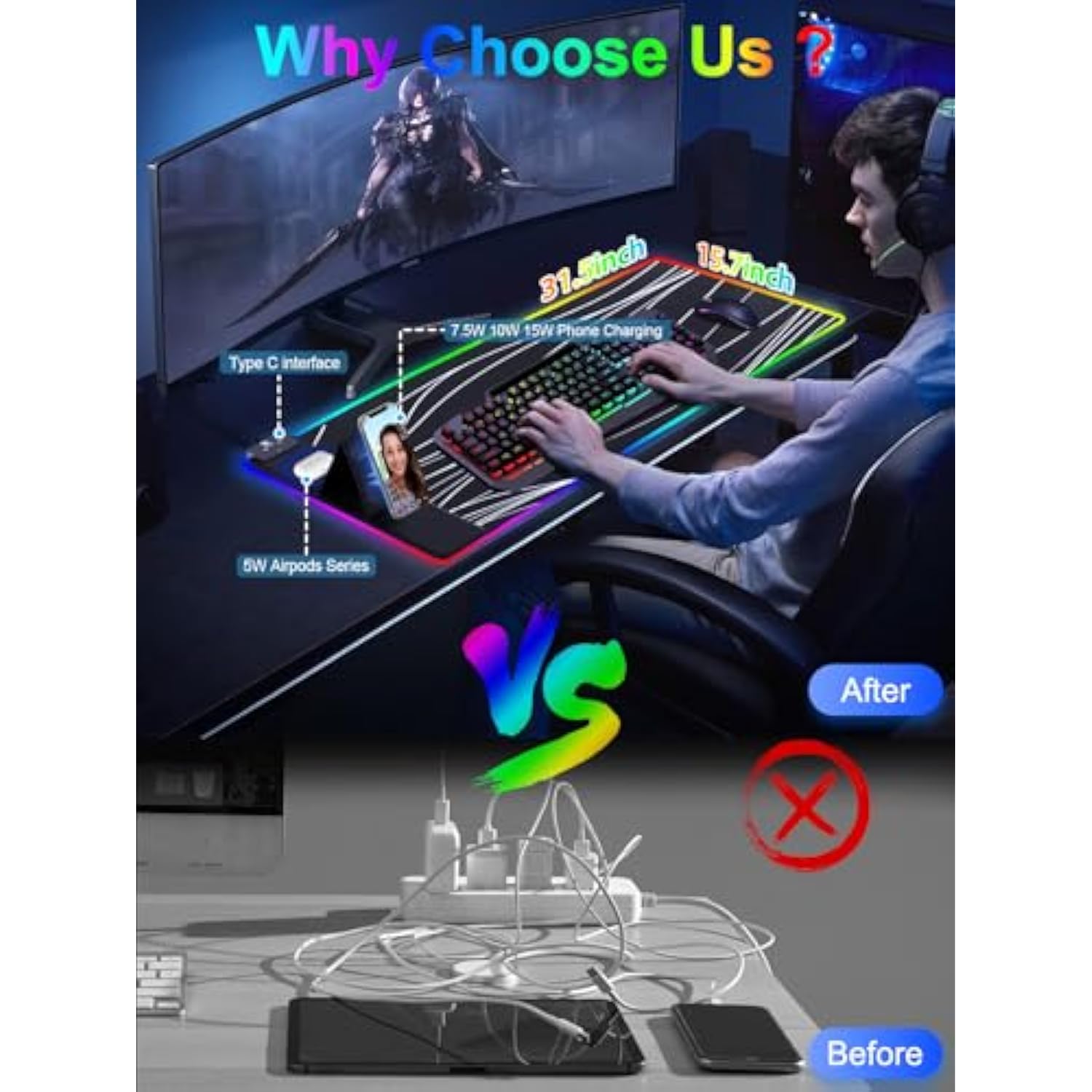 Xxl Mouse Pad With Phone Holder, Rgb Desk Mat With 15W Fast Charging, Led Large Gaming Mouse Pad With 11 Lights Colors, Long Mouse Pads, Waterproof Non-Slip Desk Pad For Gamer Esports Pros