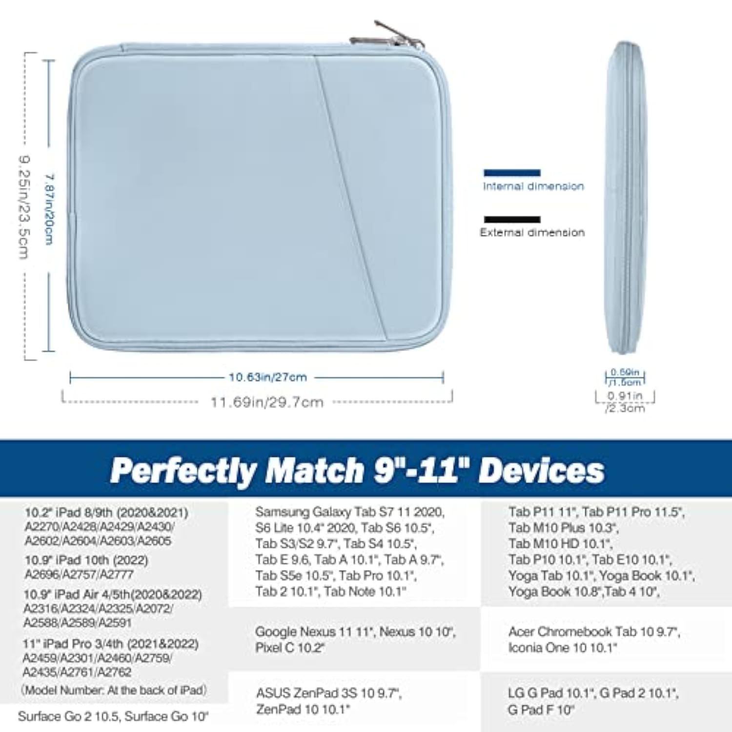 MoKo 9-11 Inch Tablet Sleeve Case, Fits 11inch iPad Air M3, iPad A16 2025, Pro 11 M4, iPad 10/9/8/7th, Galaxy Tab S9/S8/A8/A7, Protective Bag Carrying Case with Pocket, Misty Blue
