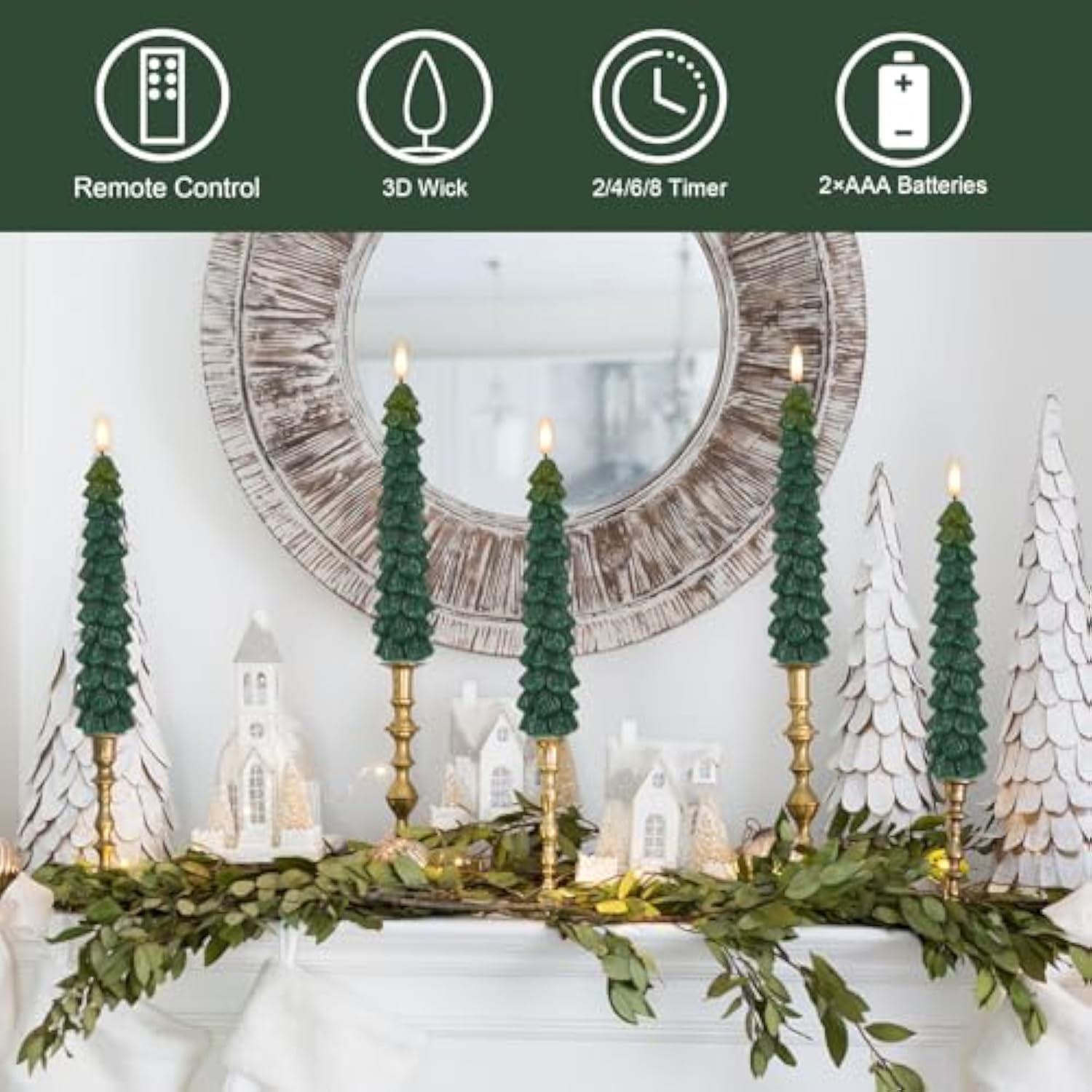 Christmas Tree Flameless Taper Candles Battery Operated With 10-Key Remote And Timer Real Wax Led Taper Candles 3D Wick Flickering Lifelike Leaves Dinner Xmas Holiday Decoration Set Of 4