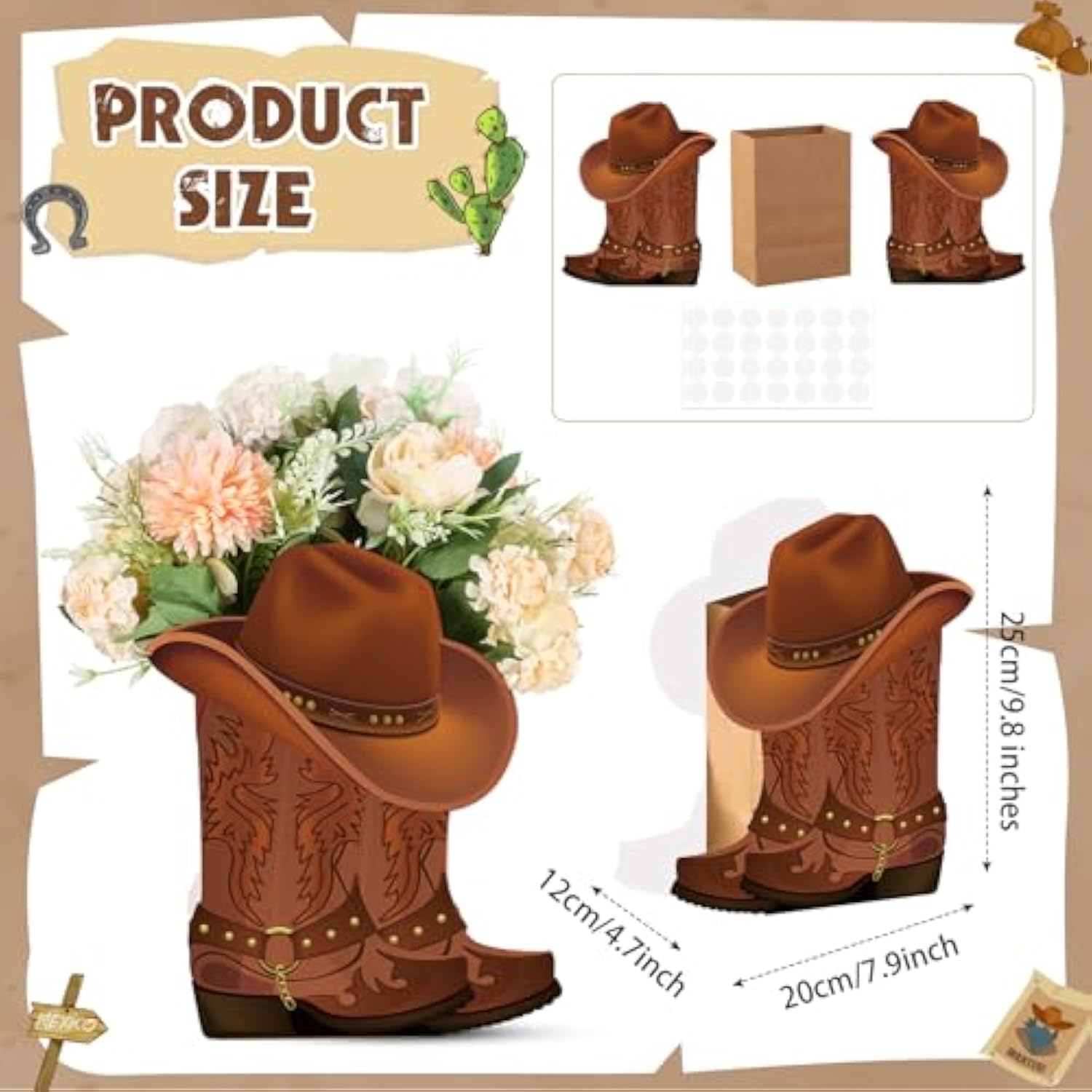 8 Set Western Cowboy Boots Flower Boxes Centerpiece Boot Shape Box Decorations Western Theme Party Boot Gift For Cowboy Cowgirl Birthday Party Baby Shower Wedding Supplies(Brown,Classic)
