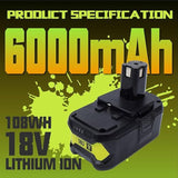 2Packs 6000Mah 18V Replacement Lithium Battery For 18V Battery P102 P103 P105 P107 P109 One+ Cordless Tool Battery